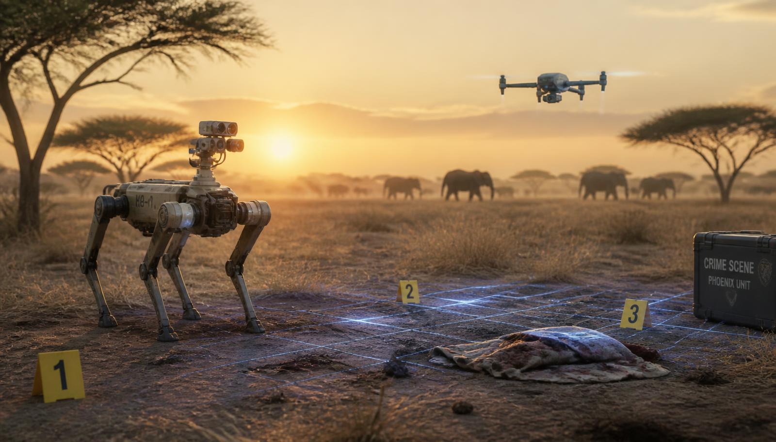 A quadruped robot and a drone recovering evidence at a savanna crime scene
